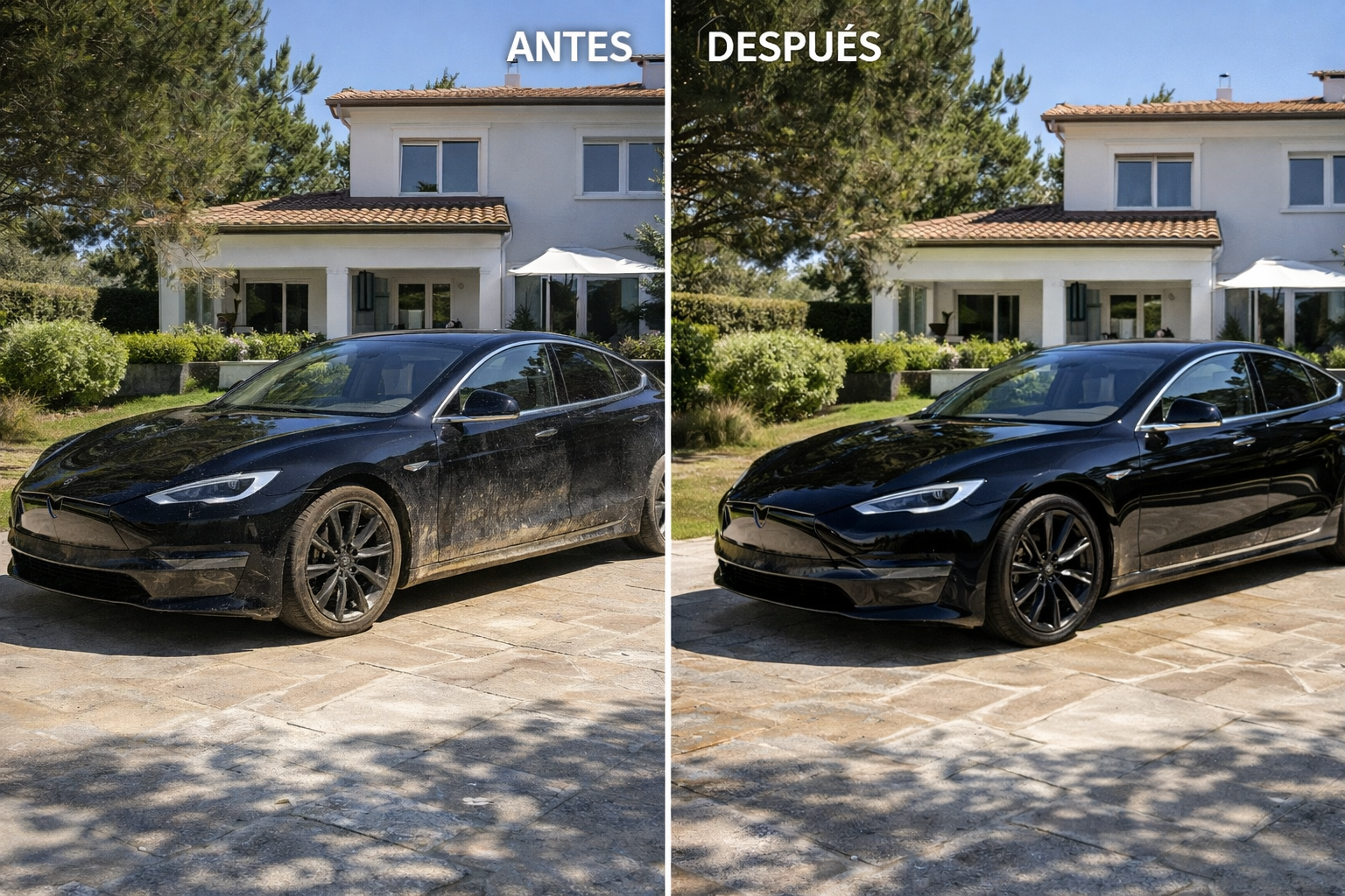 Antes y después Tesla negro a domicilio - DetailPro